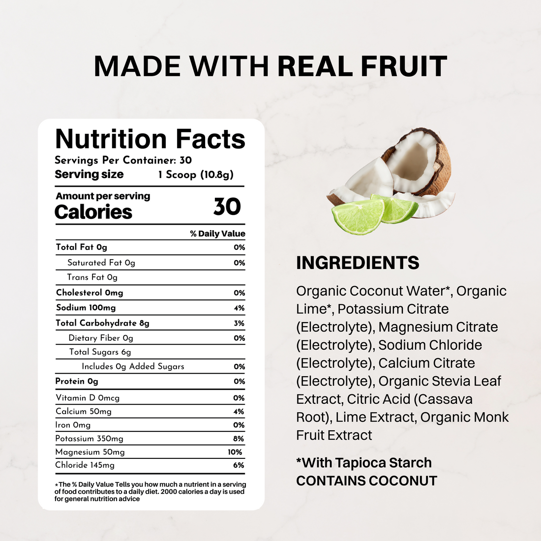 Halved coconut and whole lime with text noting the product's potassium-to-sodium ratio.