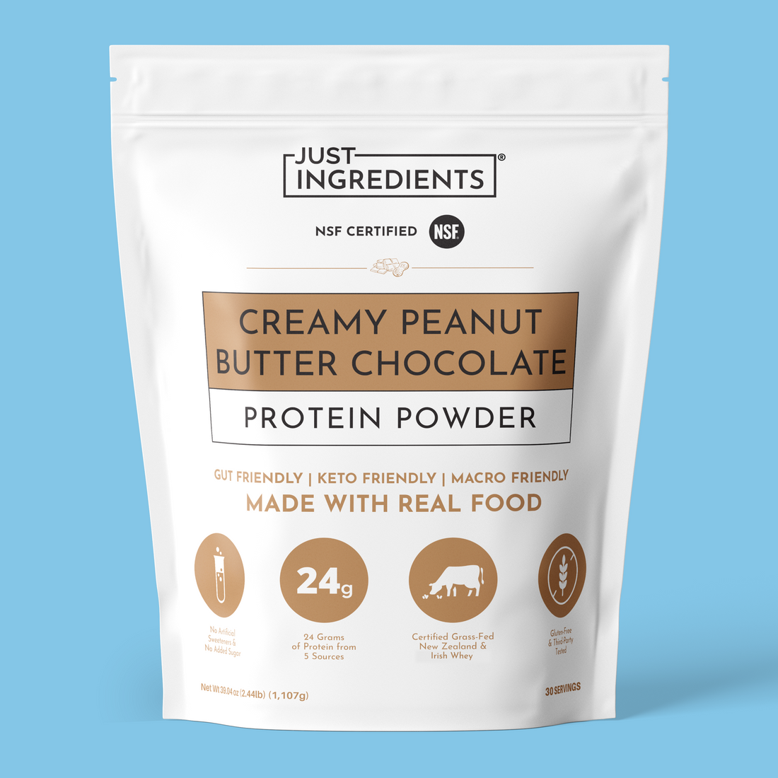 White pouch labeled "Creamy Peanut Butter Chocolate" protein powder with nutrition facts visible