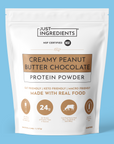 White pouch labeled "Creamy Peanut Butter Chocolate" protein powder with nutrition facts visible