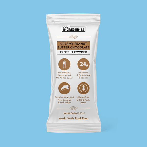 Single-serve creamy peanut butter chocolate protein powder stick packet showing nutrition highlights: 24g protein, 150 calories, no added sugar.