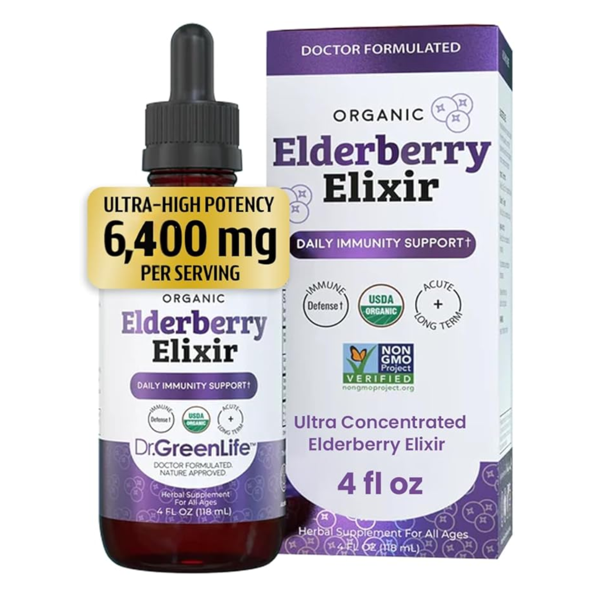 Dr. GreenLife Organic Elderberry Elixir bottle and packaging on a white background