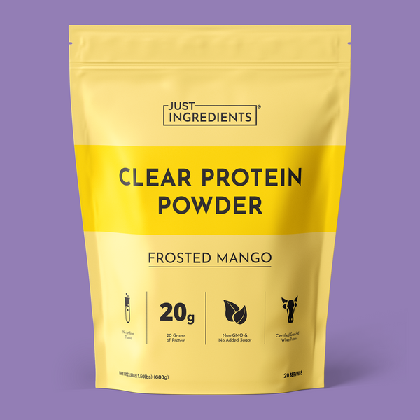 Yellow pouch of Frosted Mango Clear Protein Powder showing '20g protein' callout and ingredient/serving details on a white background.