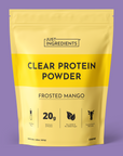 Yellow pouch of Frosted Mango Clear Protein Powder showing '20g protein' callout and ingredient/serving details on a white background.