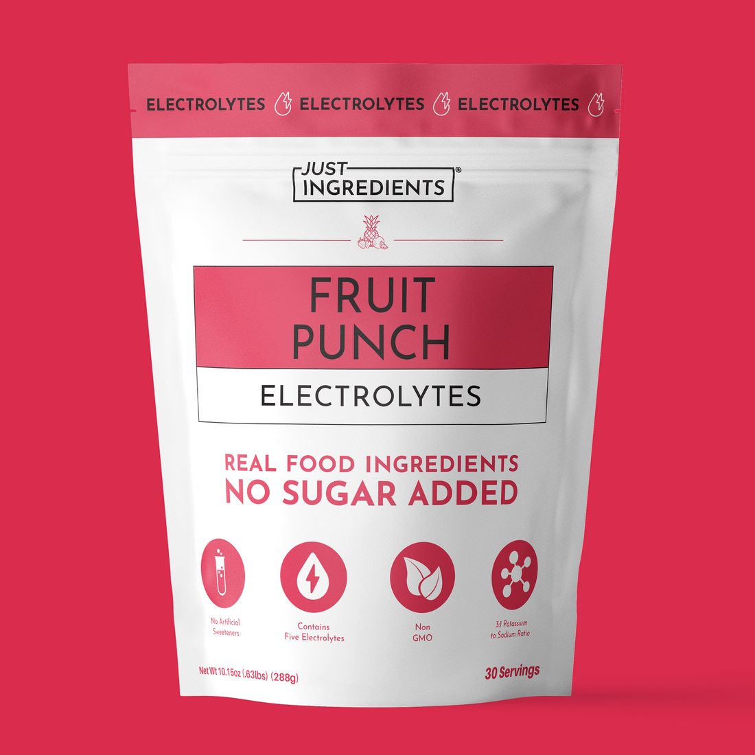 Pouch of Fruit Punch Electrolytes, 30 servings, front-facing pouch showing "no sugar added" and whole-food ingredients.