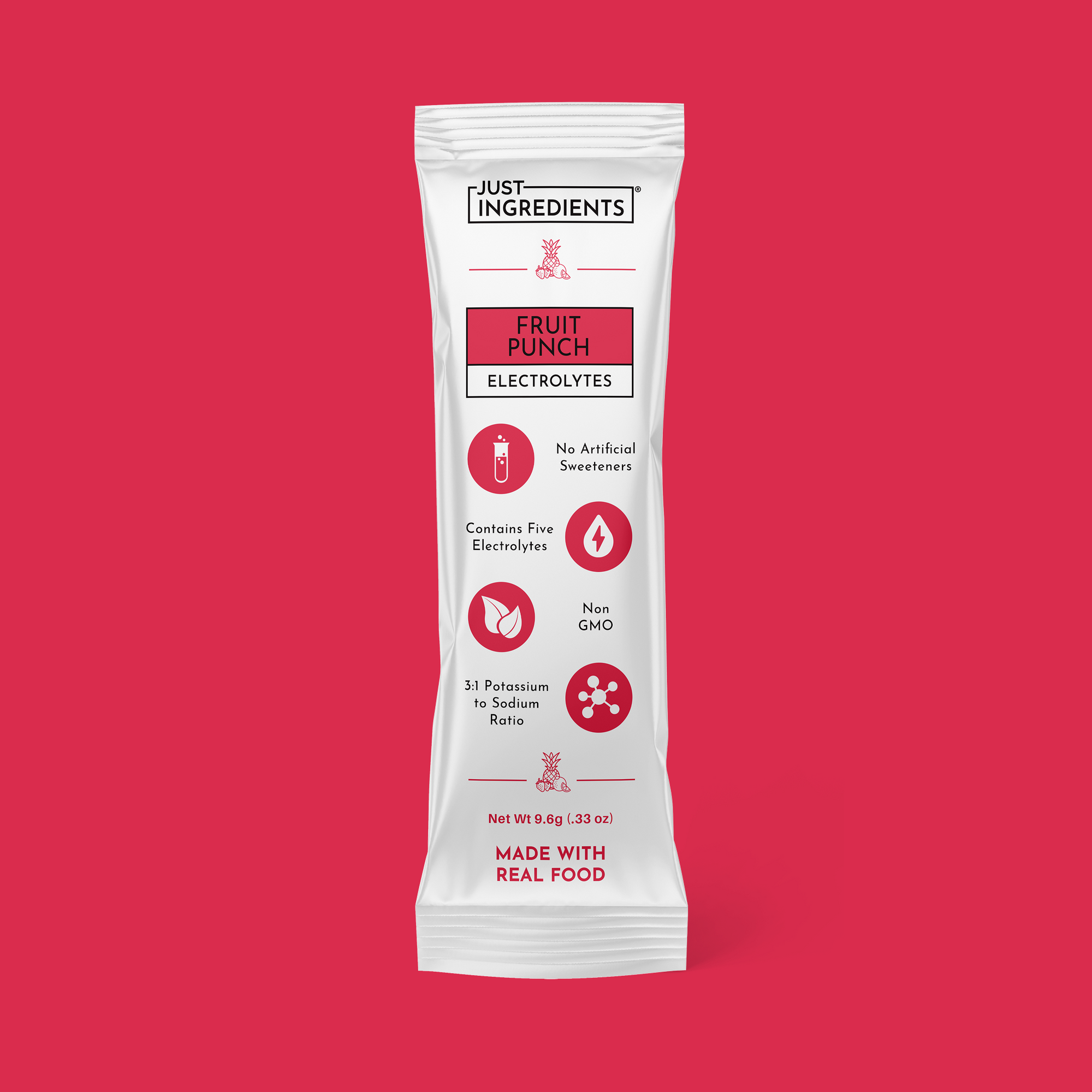 Single-serving Fruit Punch electrolyte stick packet with red accents; front label and nutrition panel visible.
