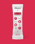 Single-serving Fruit Punch electrolyte stick packet with red accents; front label and nutrition panel visible.