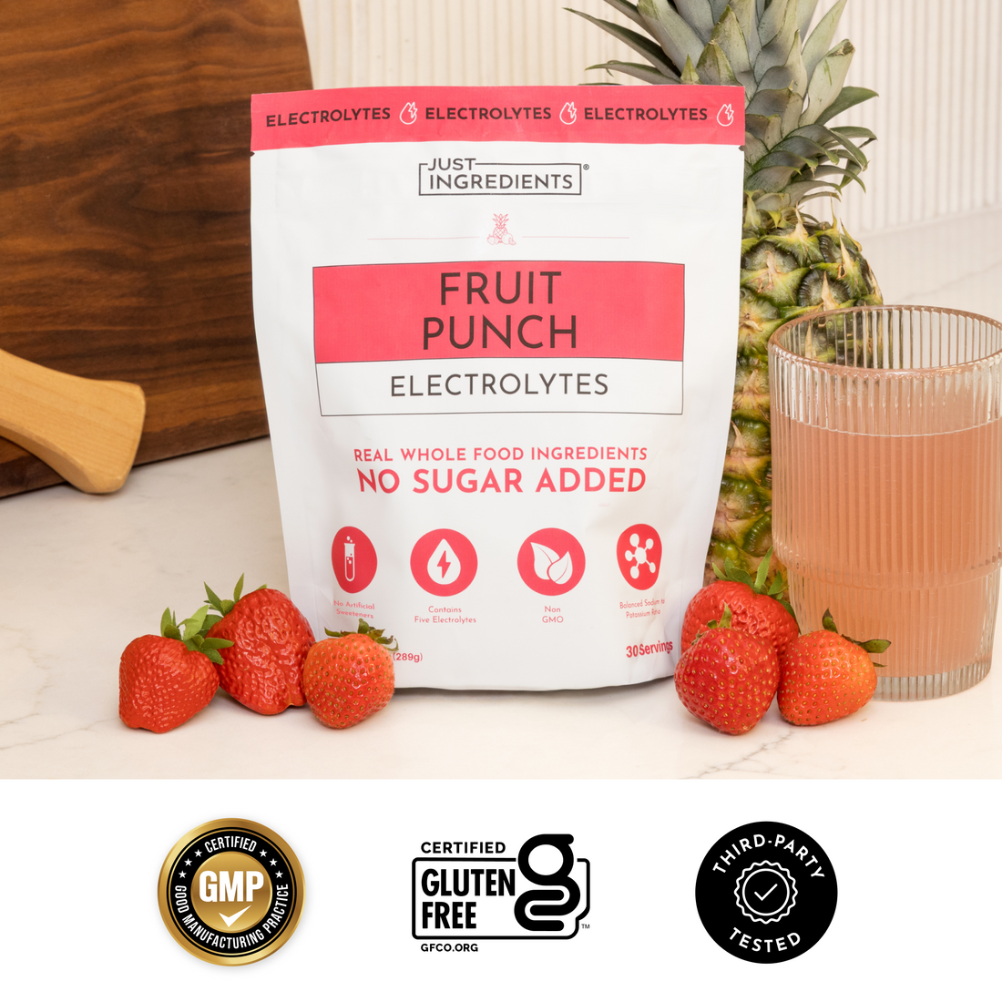 Checklist graphic for Fruit Punch Electrolytes with colorful scoops and key benefits listed.
