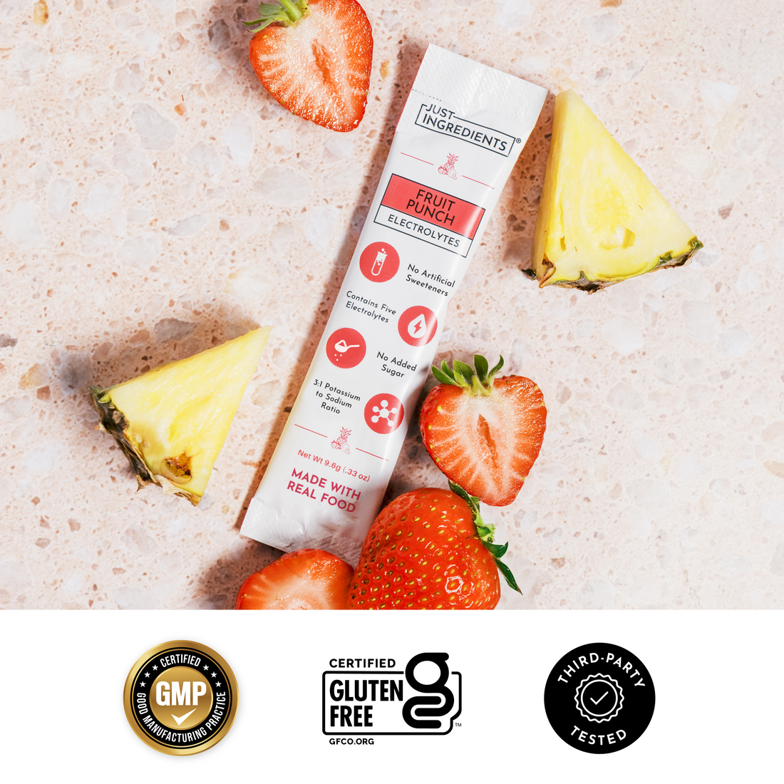 Benefit checklist graphic highlighting real fruit flavor and no added sugars or artificial flavors.