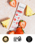 Benefit checklist graphic highlighting real fruit flavor and no added sugars or artificial flavors.