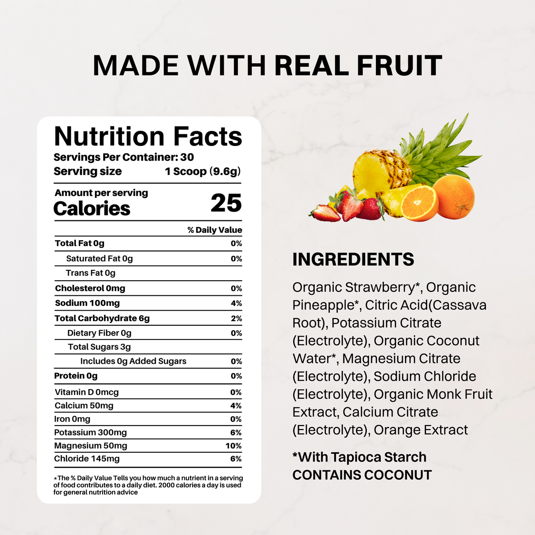 Fruit Punch Electrolytes pouch staged with pineapple and strawberries on a marble surface.