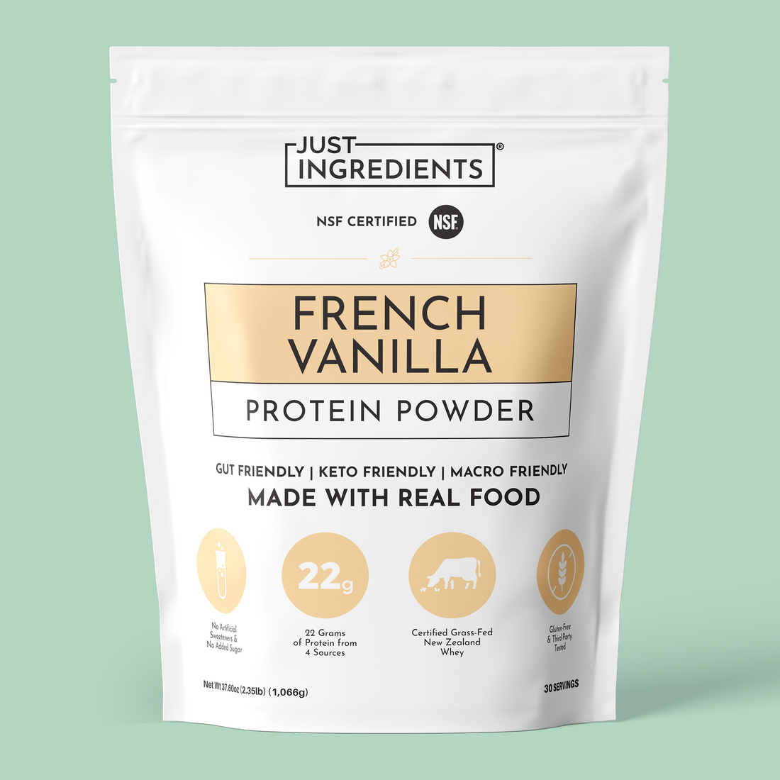 White pouch of French vanilla protein powder with nutrition panel and branding.