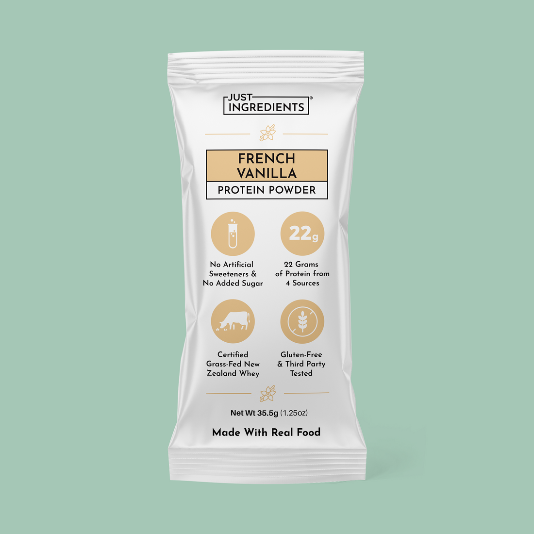 Single French Vanilla protein powder stick packet with labeled front and nutrition panel visible.