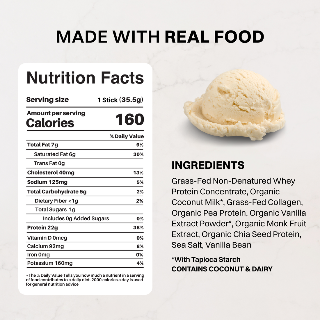 White packaging and stick pack of French Vanilla protein powder with vanilla beans on a light surface.