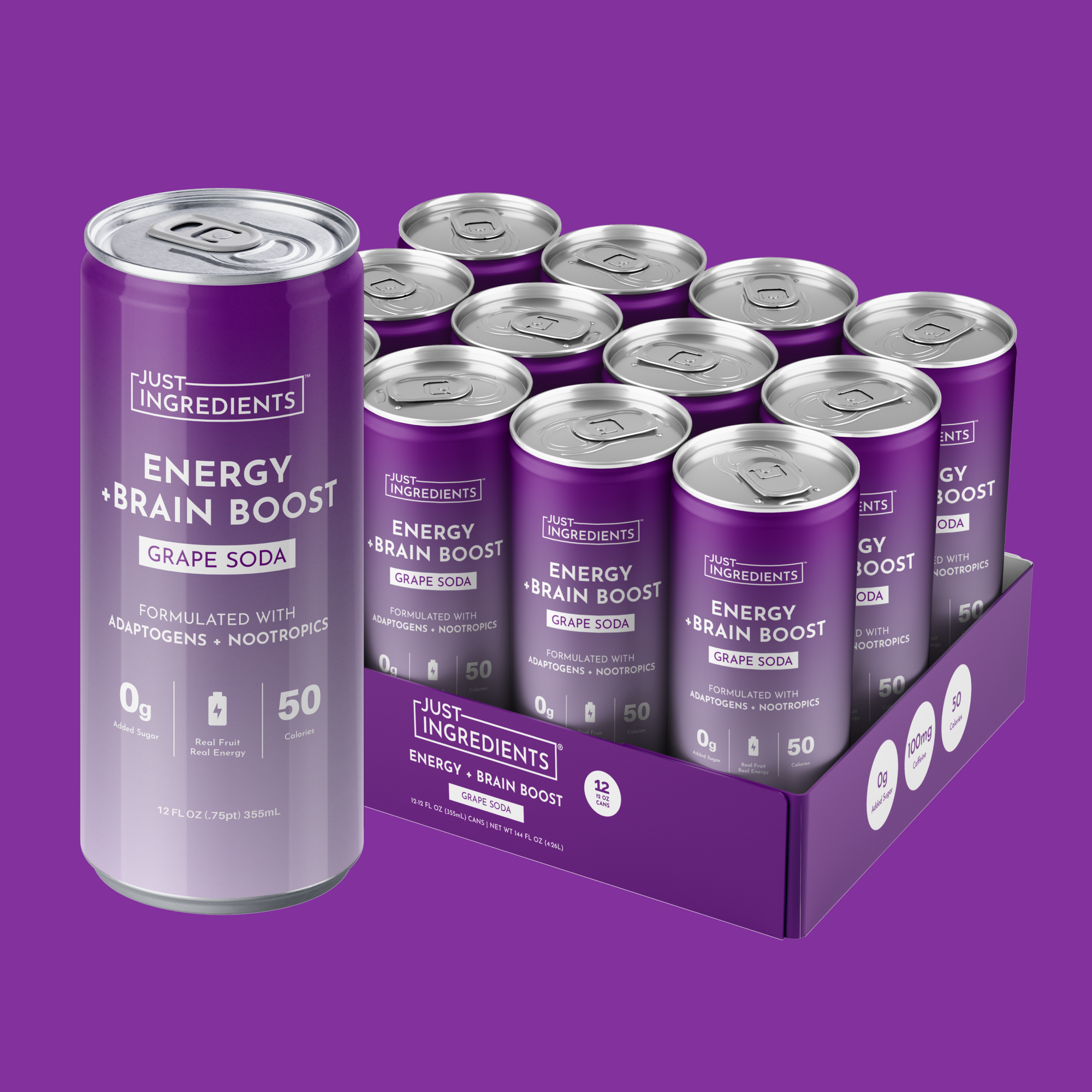 Twelve purple cans of Grape Soda Energy + Brain Boost arranged together, labeled “Energy + Brain Boost.”