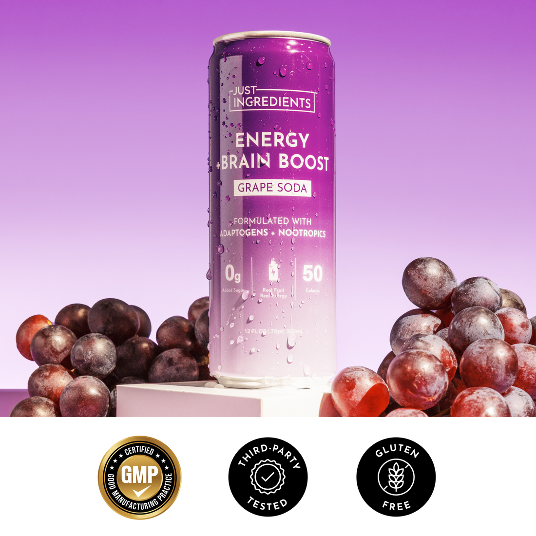 Checklist graphic listing features: real fruit flavor, caffeine, vitamins, no added sugar.