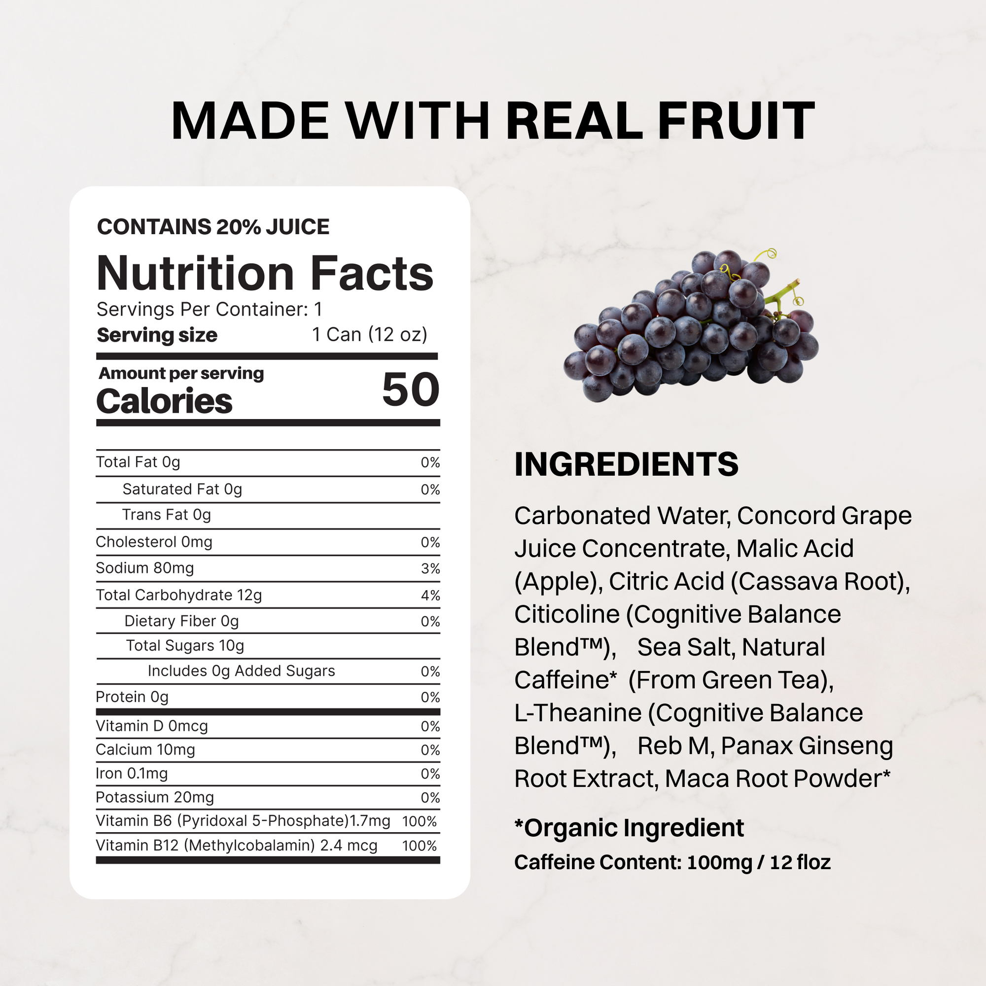 Grape Soda Energy + Brain Boost can shown with grapes on a yellow background.