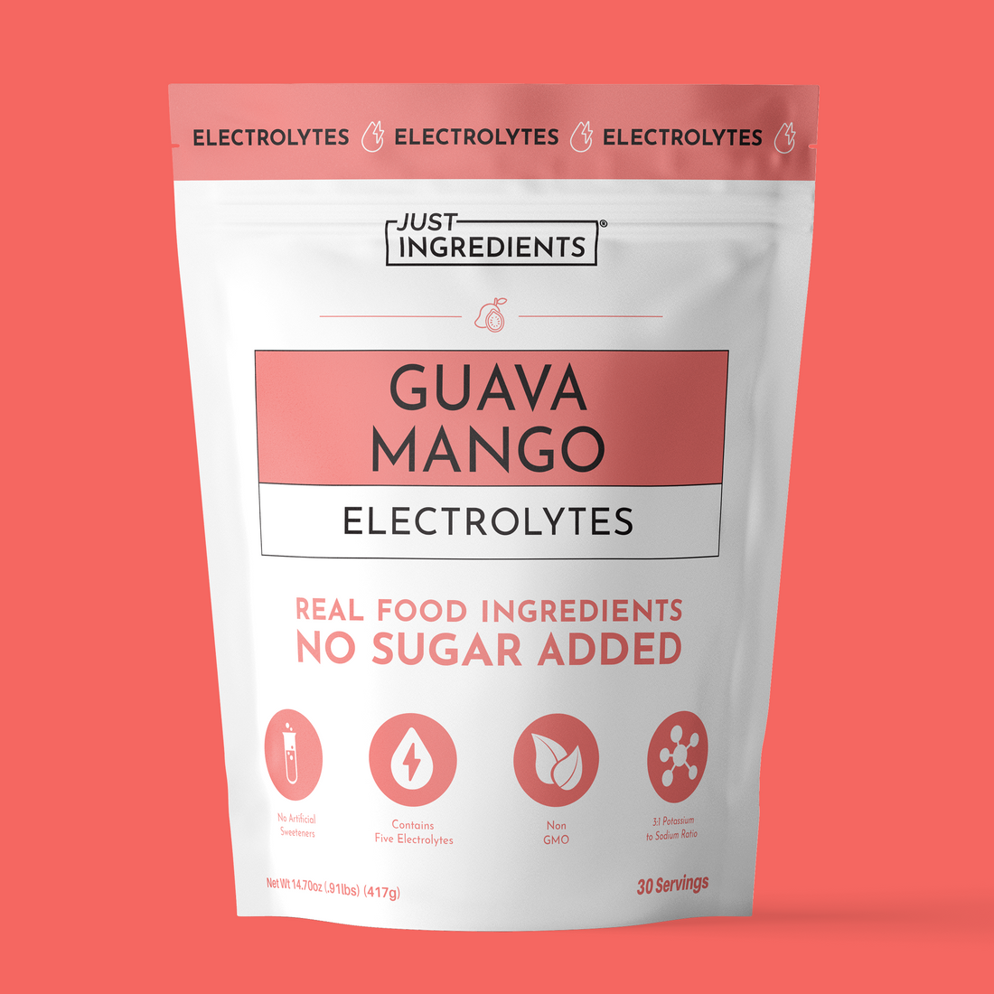 Front pouch of Guava Mango Electrolytes showing product name and 30-serving pouch on white background.