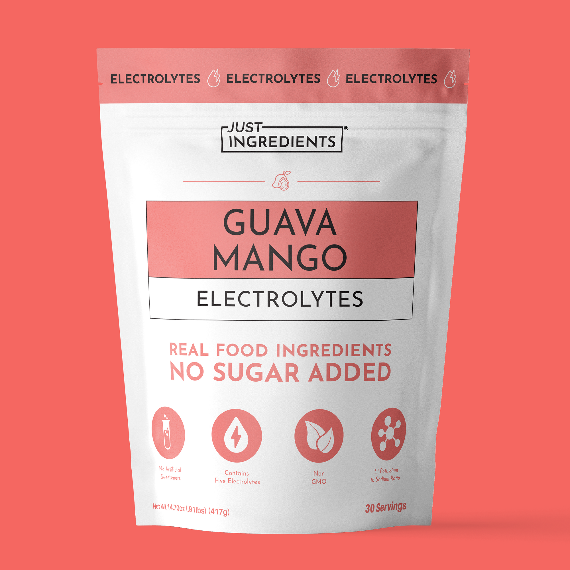 Front pouch of Guava Mango Electrolytes showing product name and 30-serving pouch on white background.