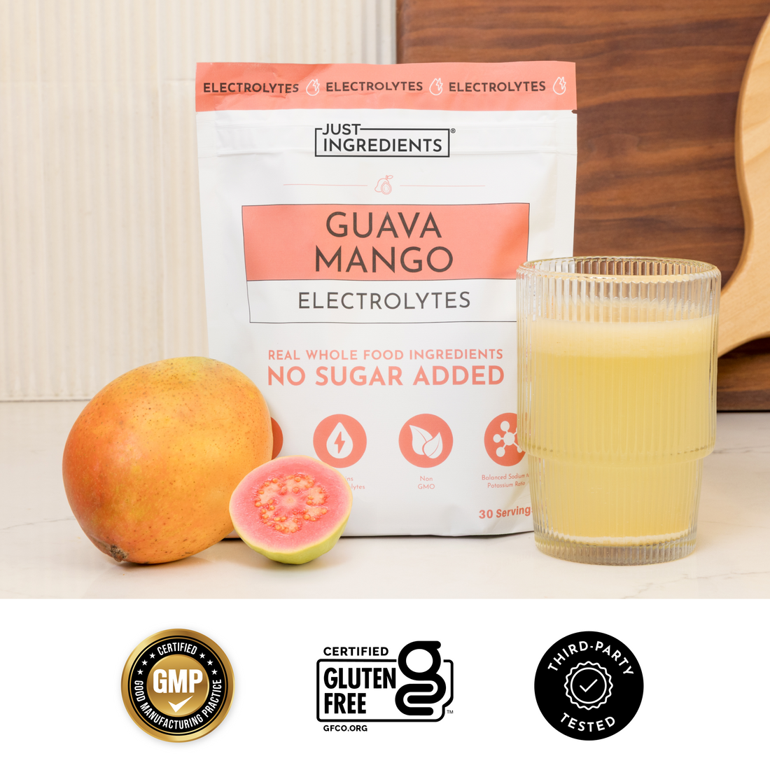 Benefit panel with colored scoops listing key features of Guava Mango Electrolytes.