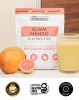 Benefit panel with colored scoops listing key features of Guava Mango Electrolytes.