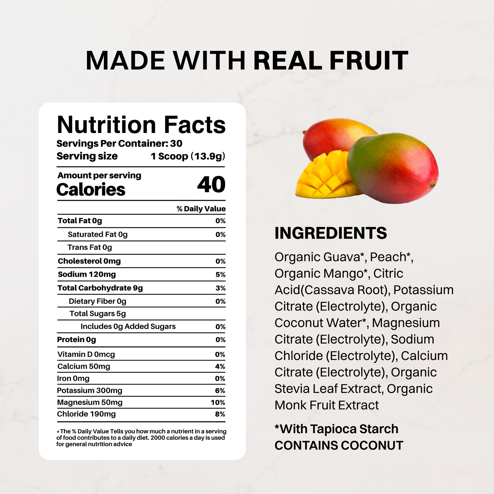 Pouch of Guava Mango Electrolytes with a ripe mango beside it, emphasizing fruit-based flavor.