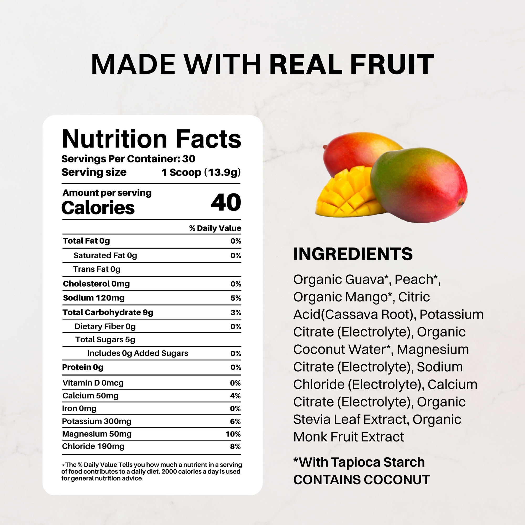 Close-up of Guava Mango electrolyte stick packet with ingredient highlights and nutrition callouts.