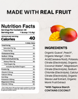 Close-up of Guava Mango electrolyte stick packet with ingredient highlights and nutrition callouts.
