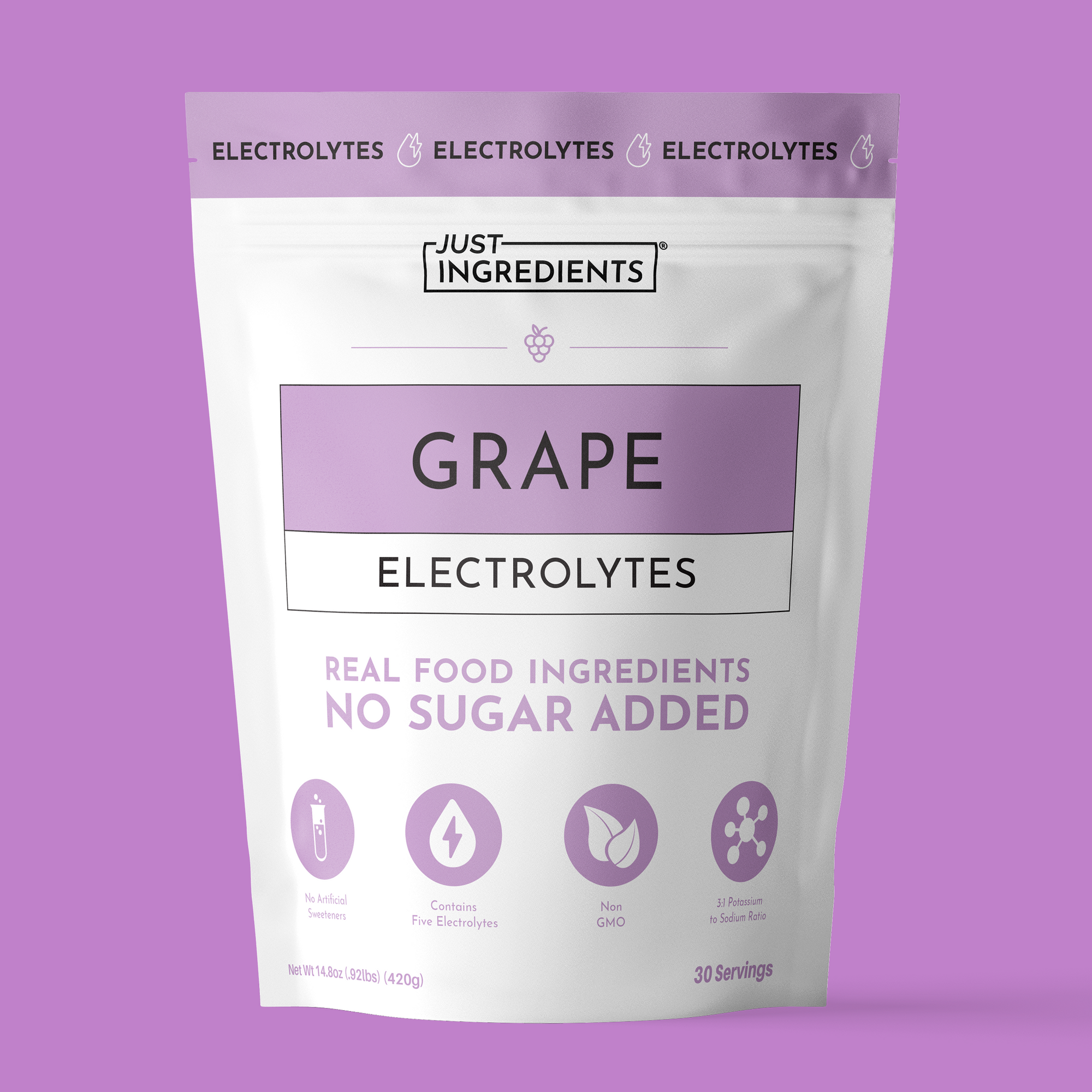 Purple pouch of grape electrolyte powder, front label showing 30 servings and 'no sugar added'.