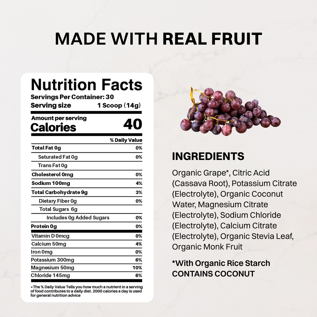 Purple pouch labeled Grape Electrolytes beside a glass of grape drink with ice.