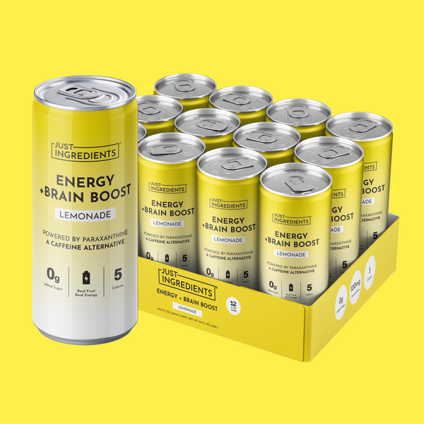 Yellow 12-pack box and single can of Lemonade Energy + Brain Boost with branding and nutrition panel visible.