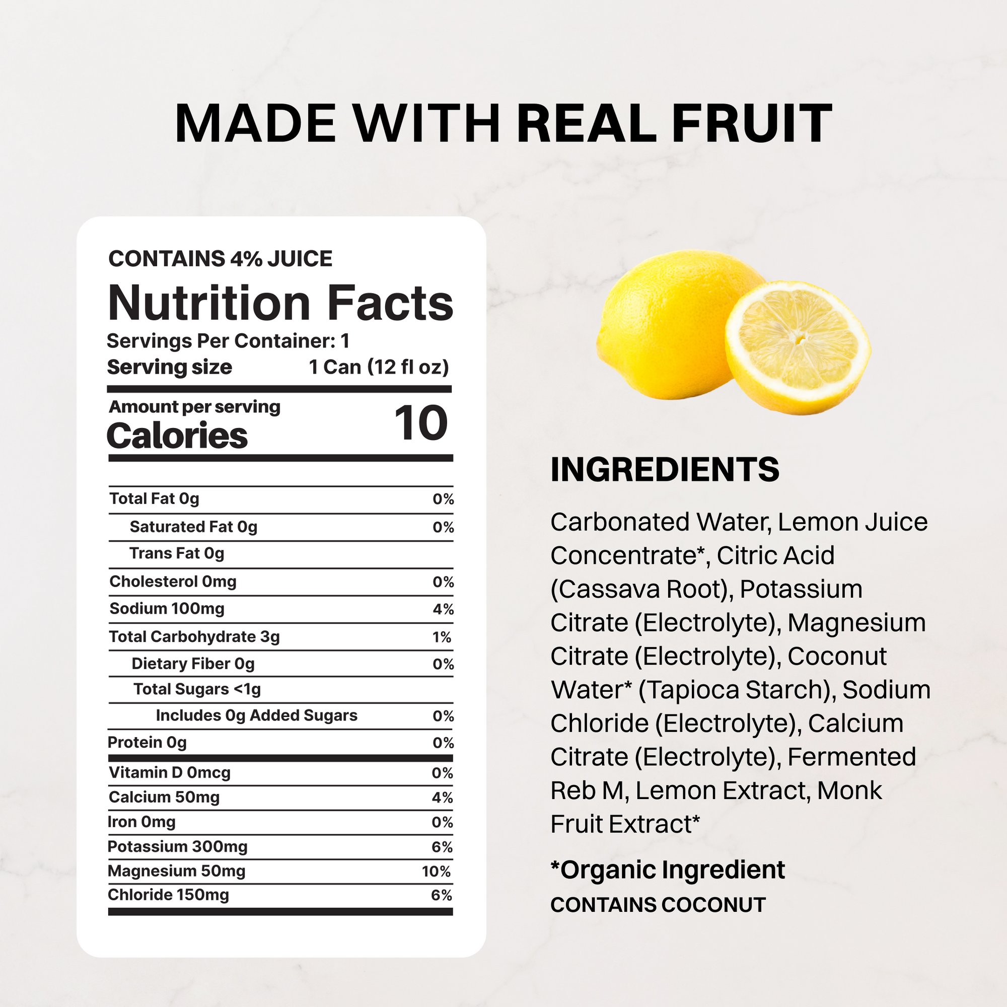 Nutrition facts and ingredients panel for Lemonade Sparkling Electrolytes can (contains coconut).