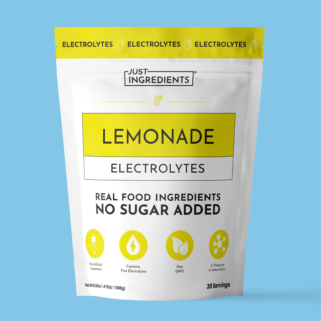 Pouch of Lemonade Electrolytes with yellow-and-white packaging showing ingredients and serving information.