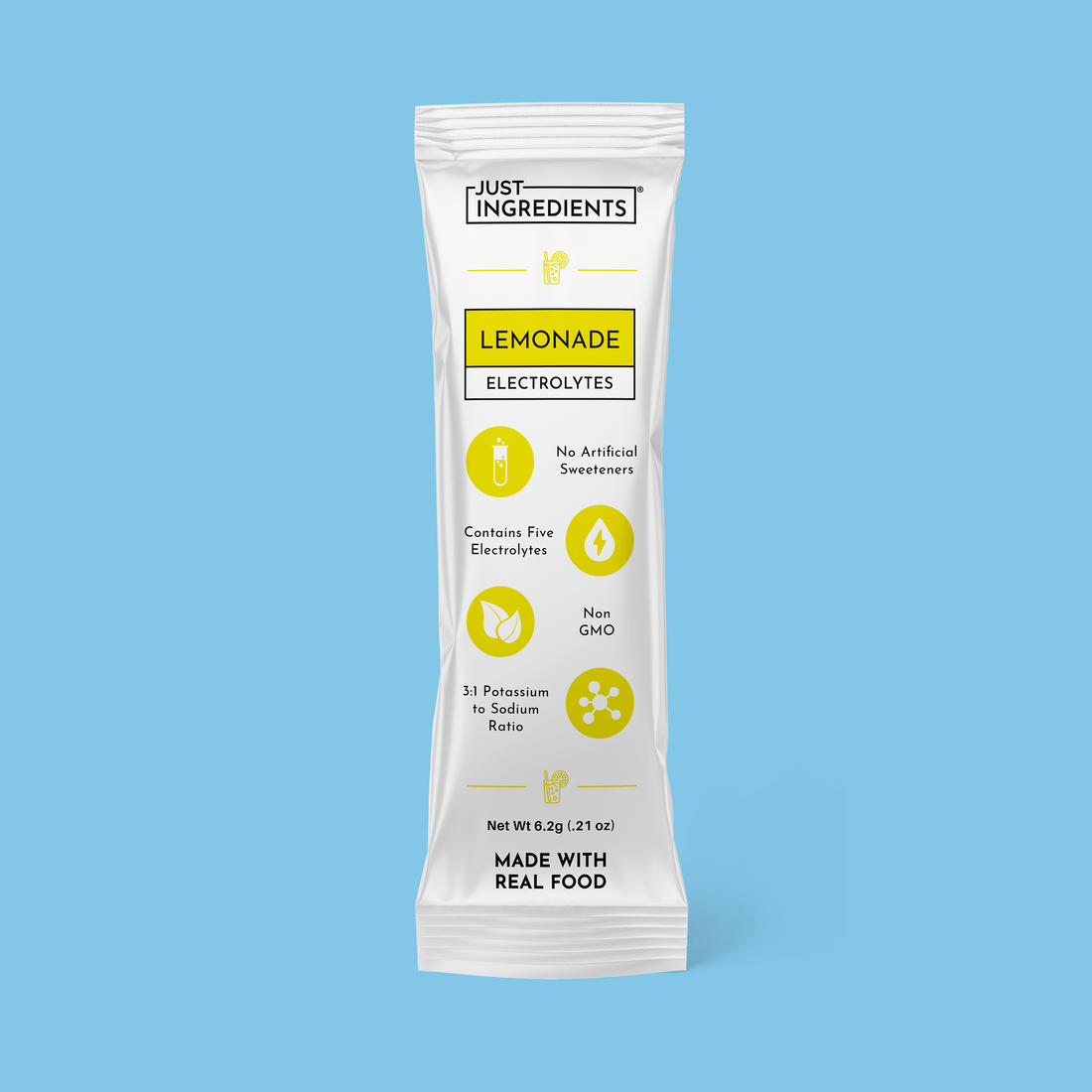 Single lemonade electrolyte stick packet showing front packaging with ingredient highlights