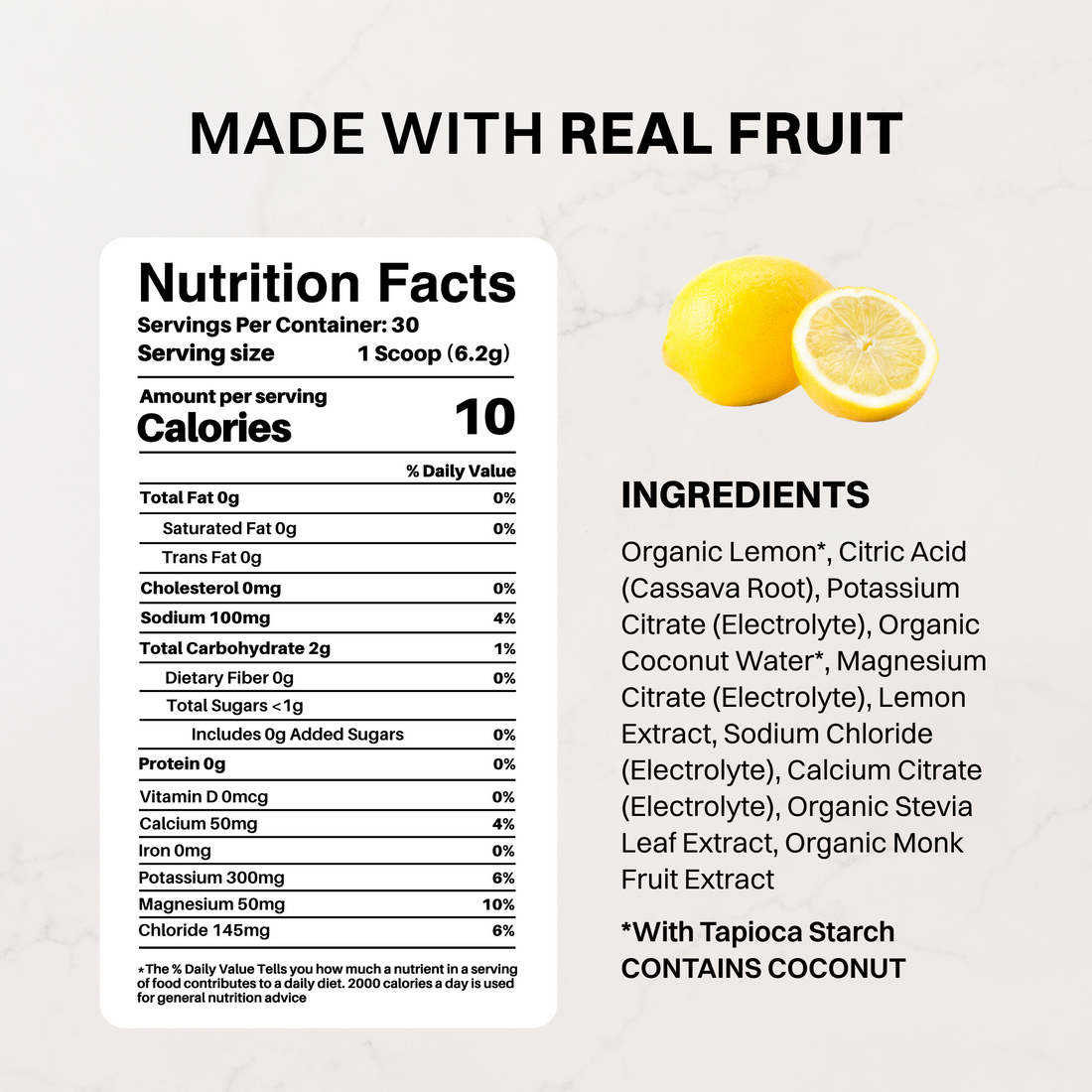 Black Just Ingredients shaker bottle surrounded by fresh strawberries, oranges, lemons, and limes.