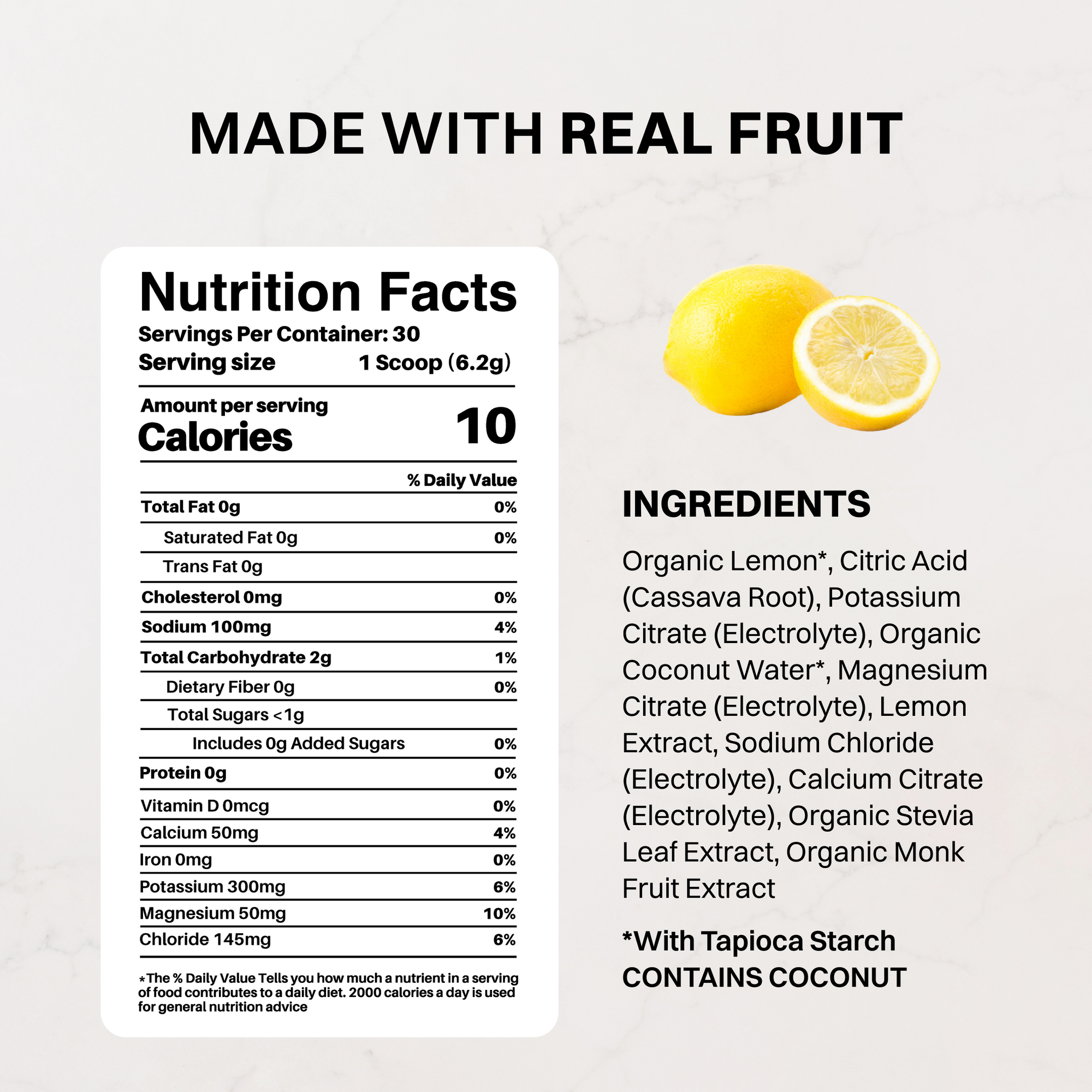 Checklist graphic showing benefits of Lemonade Electrolytes Stick with fruit illustrations