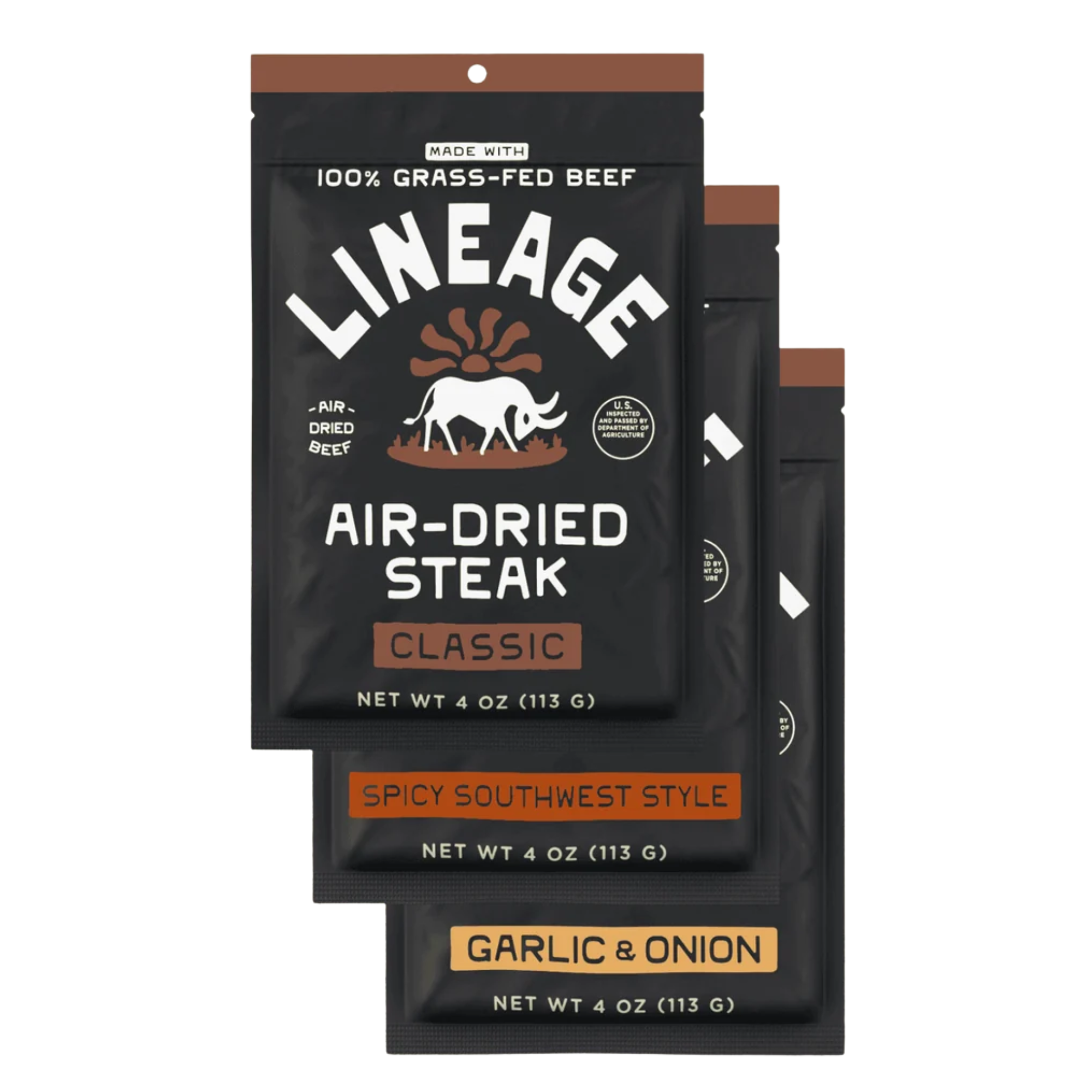 black bags of air-dried steak, grass-fed beef