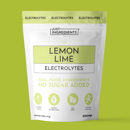 Pouch of Lemon Lime Electrolytes powder — 30 servings, front packaging showing lemon and lime graphics and 'no sugar added' callout.