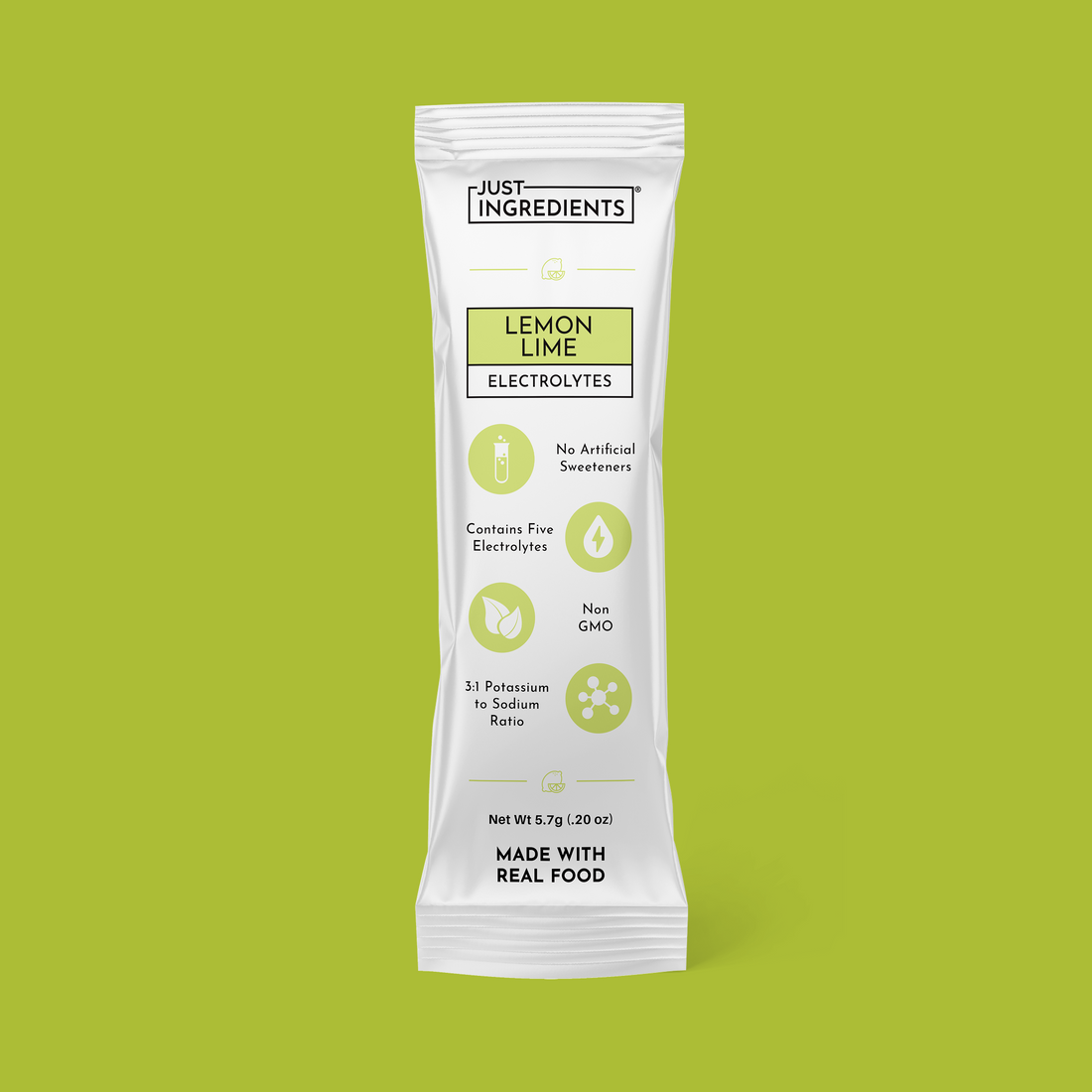 Single lemon lime electrolyte stick pack with ingredients and benefits listed on packaging.