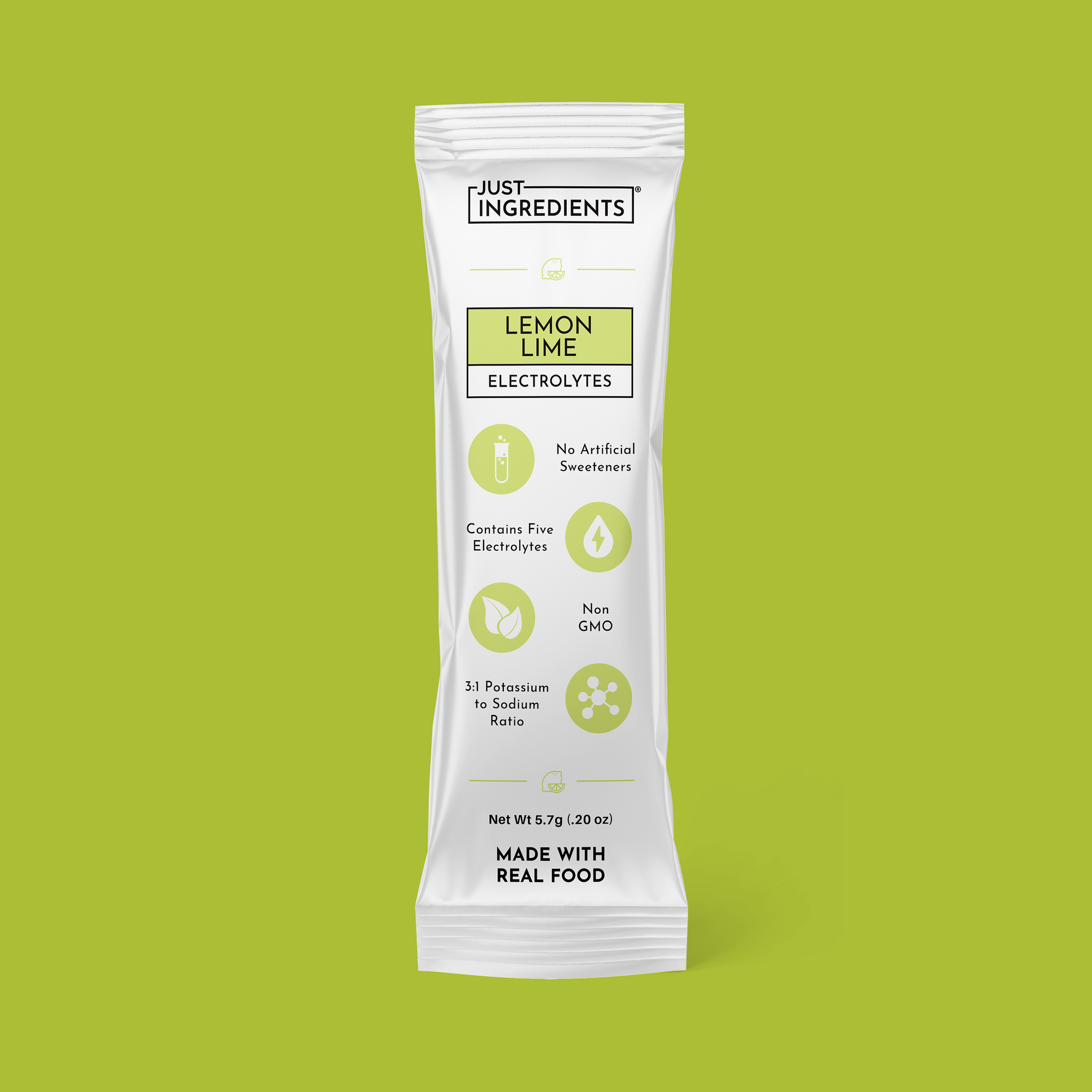 Single lemon lime electrolyte stick pack with ingredients and benefits listed on packaging.