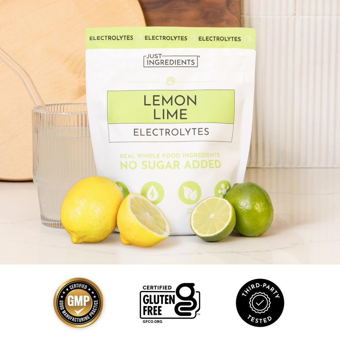 Pink benefits graphic listing key features of Lemon Lime Electrolytes with checkmarks (real fruit, no artificial sweeteners, balanced electrolytes).