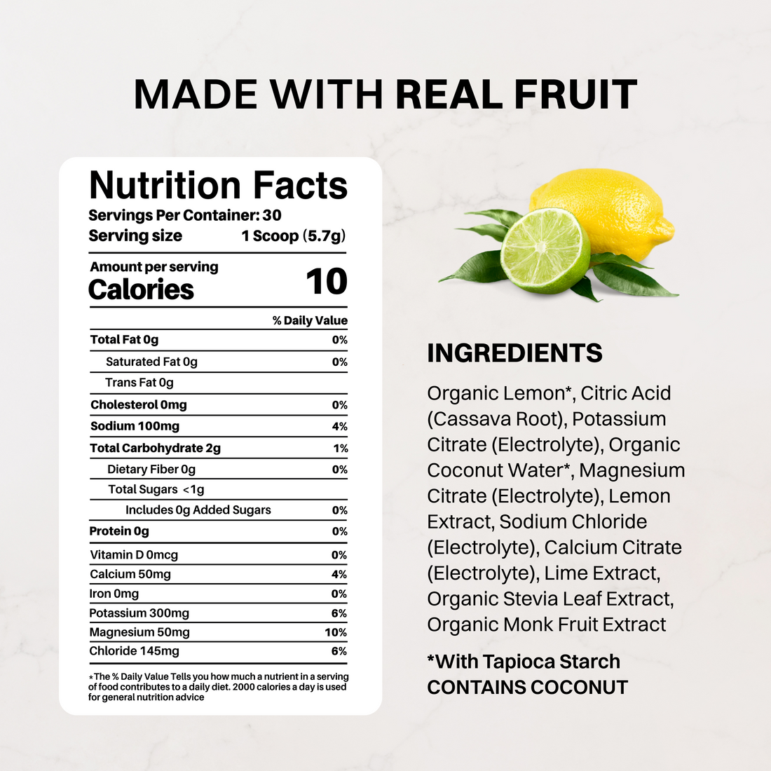 Electrolyte stick packet on sliced lemon and lime showing product details and 3:1 potassium to sodium claim.
