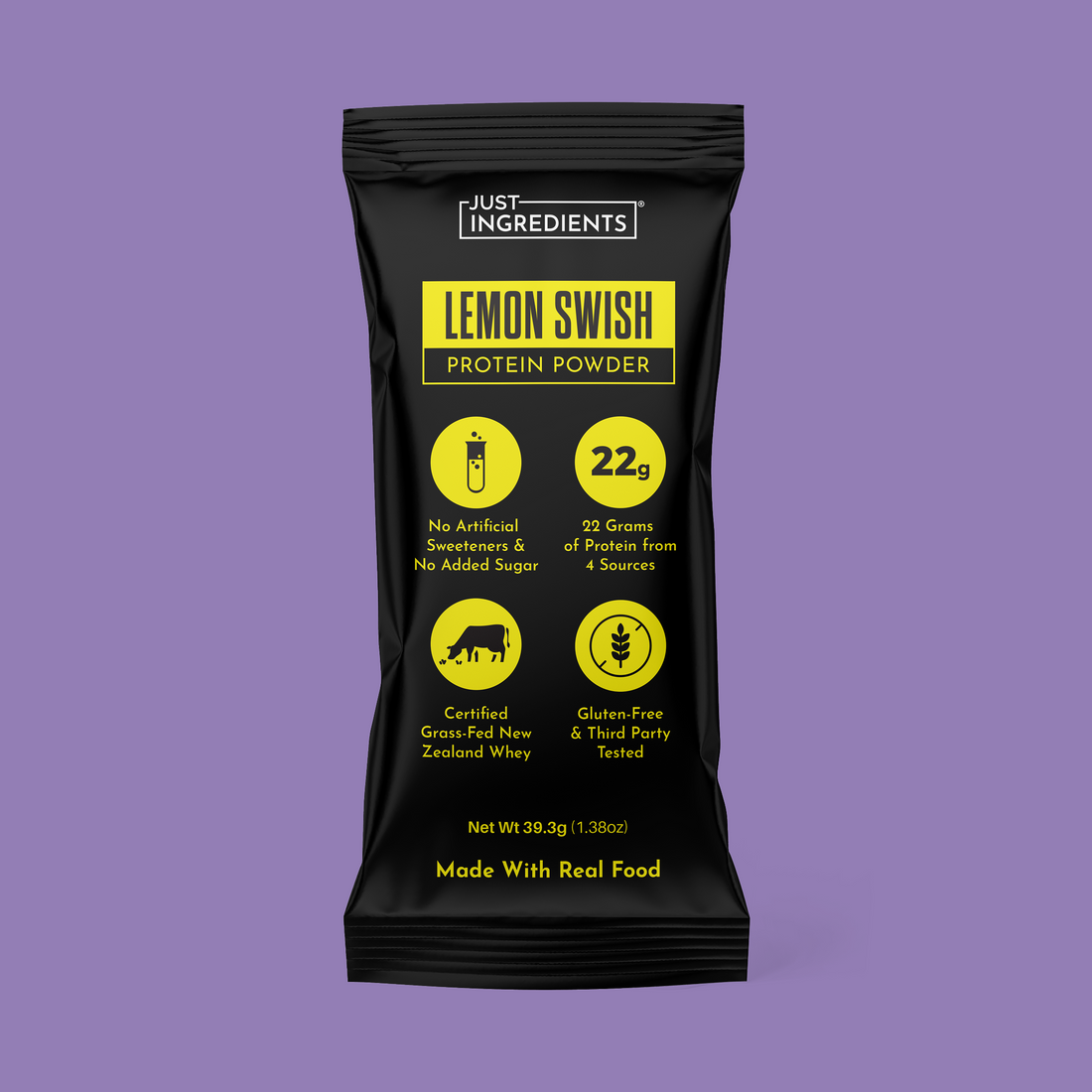 Black Lemon Swish protein stick packaging showing nutrition facts and ingredients on a yellow label.