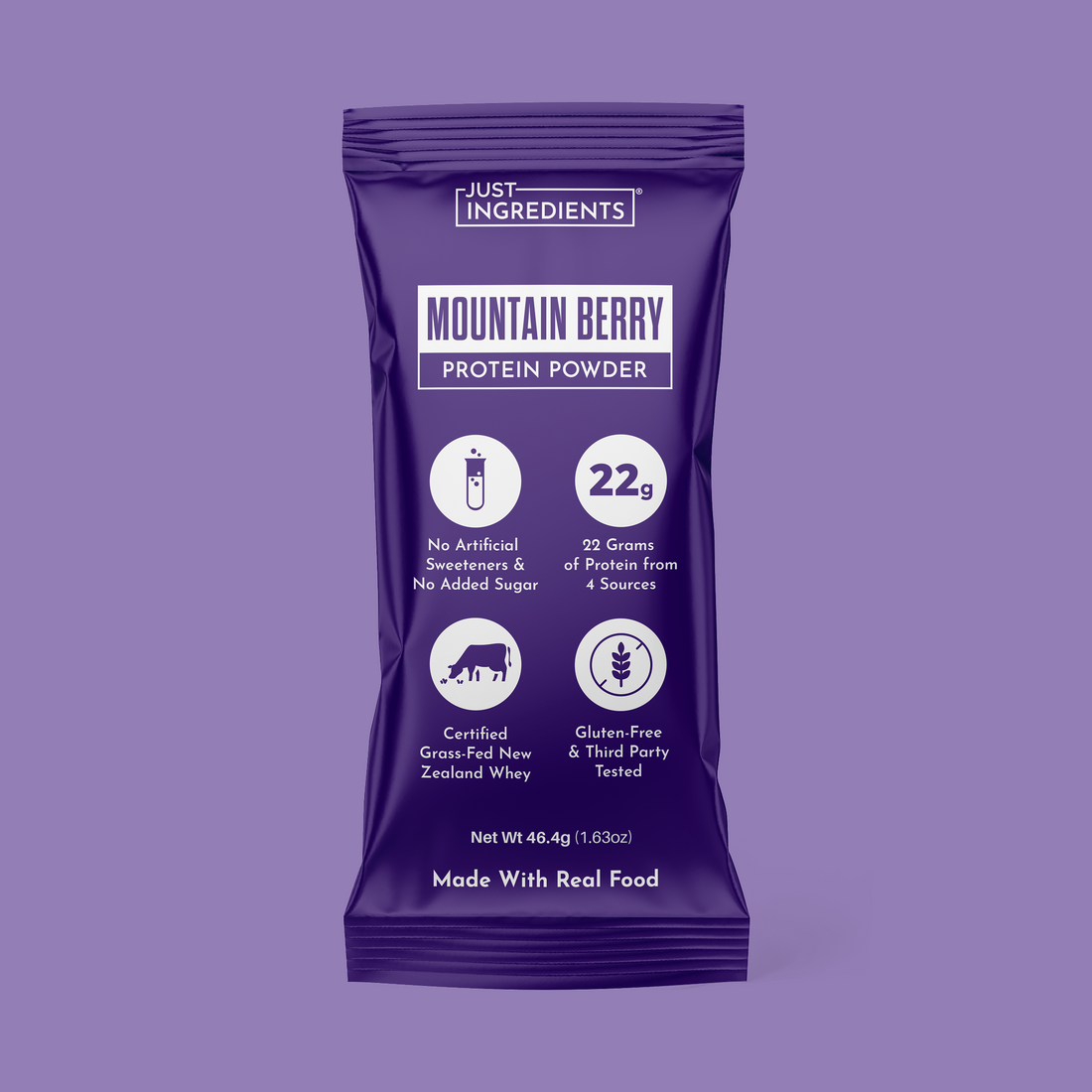Purple Mountain Berry protein stick packaging showing nutrition facts and ingredient list.