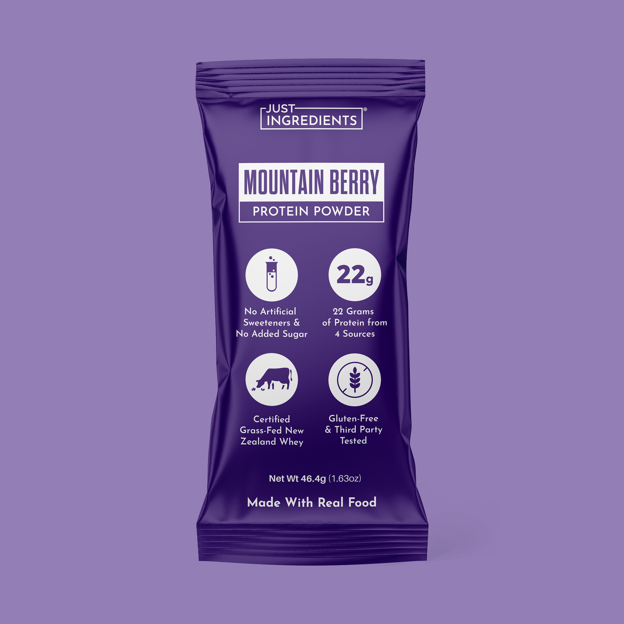 Purple Mountain Berry protein stick packaging showing nutrition facts and ingredient list.