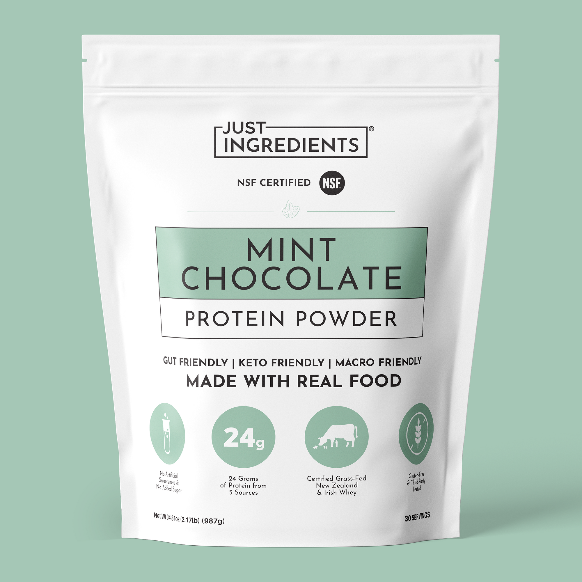 White pouch of mint chocolate protein powder with green accents and nutrition panel