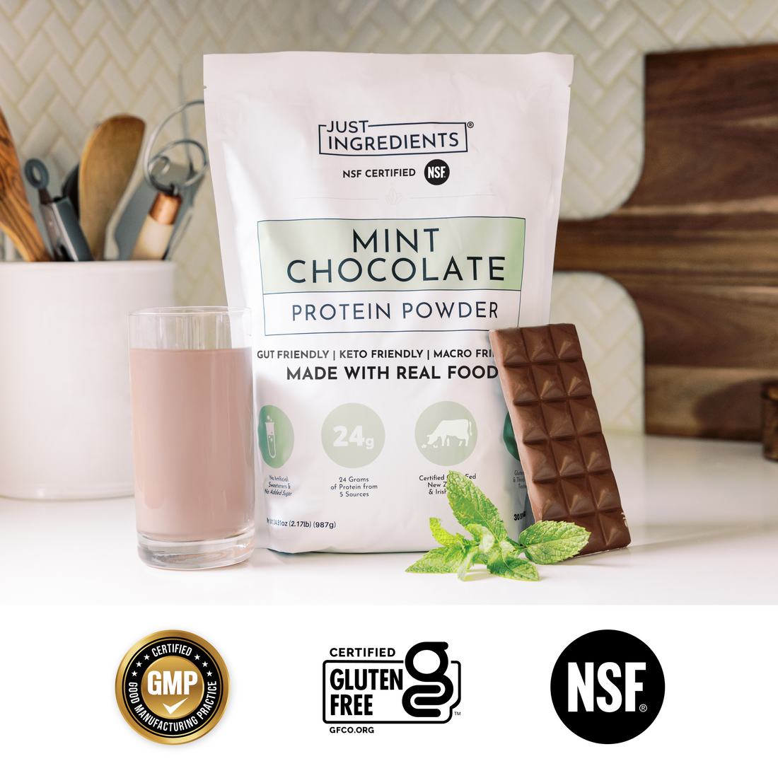 Mint Chocolate powder pouch front view showing label and green design accents