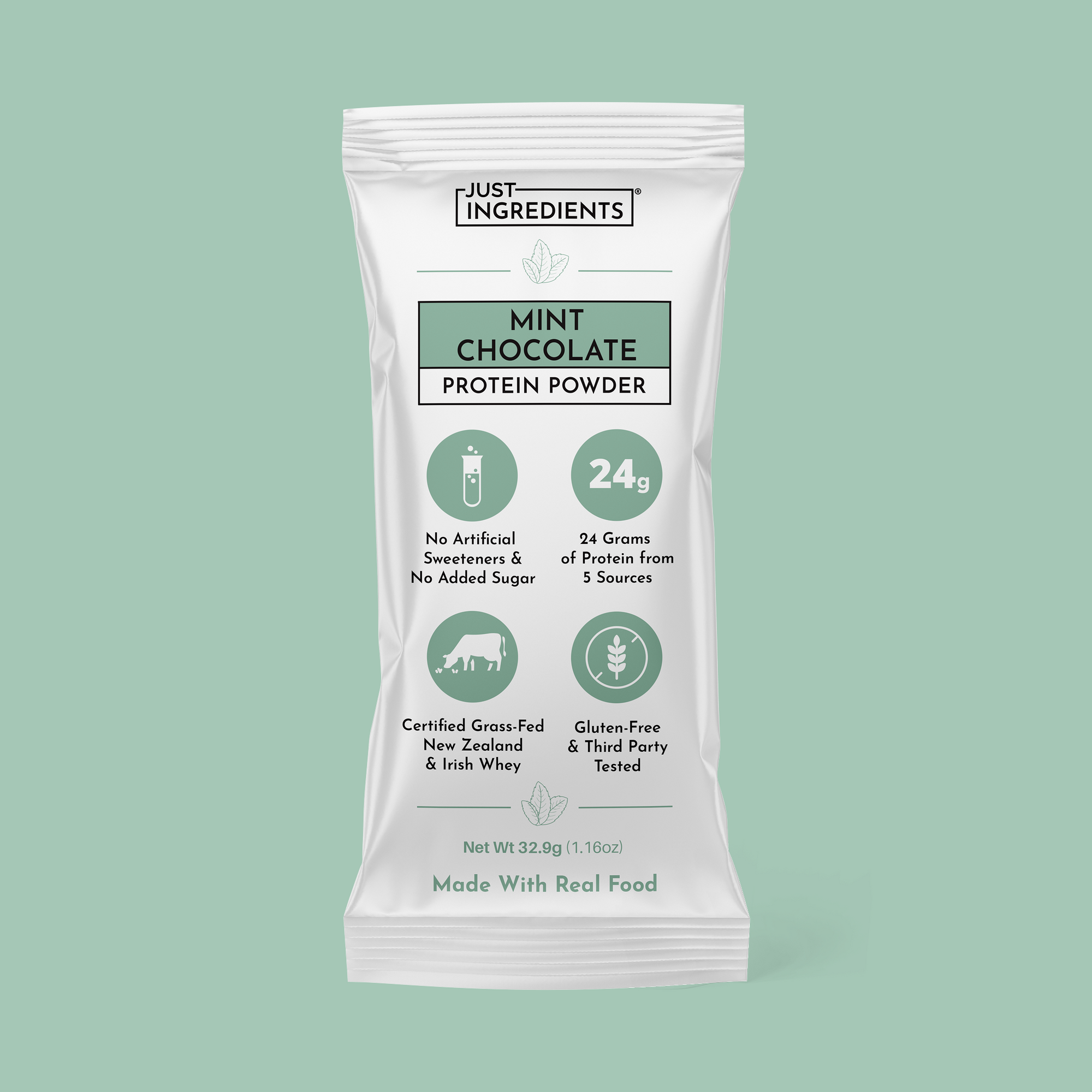 Mint chocolate protein powder stick packet with '24g protein' and nutrition callouts.