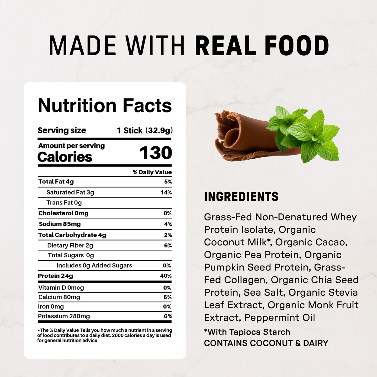 Mint Chocolate Protein Powder - Individual Stick - Nutrition Panel