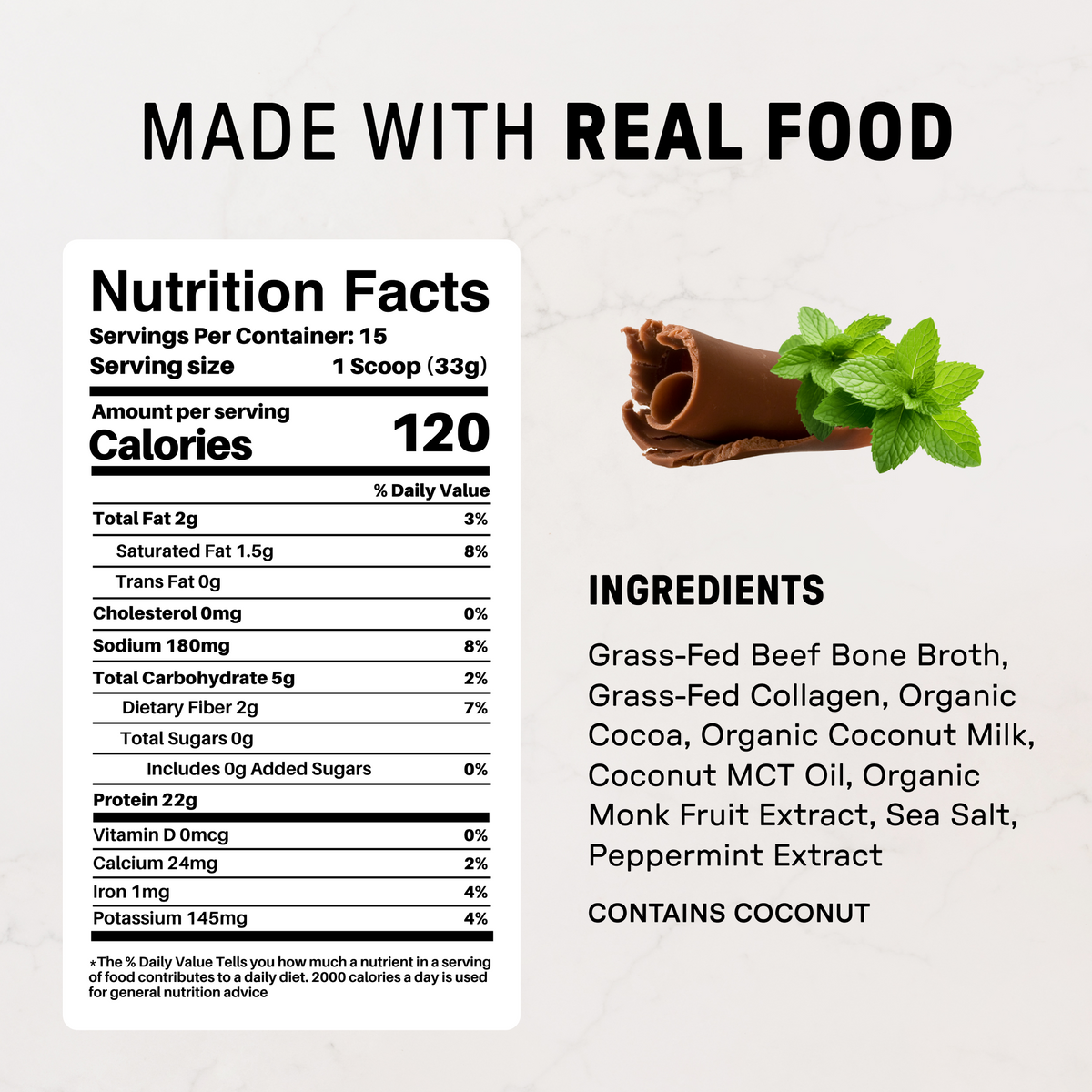 Mint Chocolate Bone Broth Protein Powder - Nutrition Panel