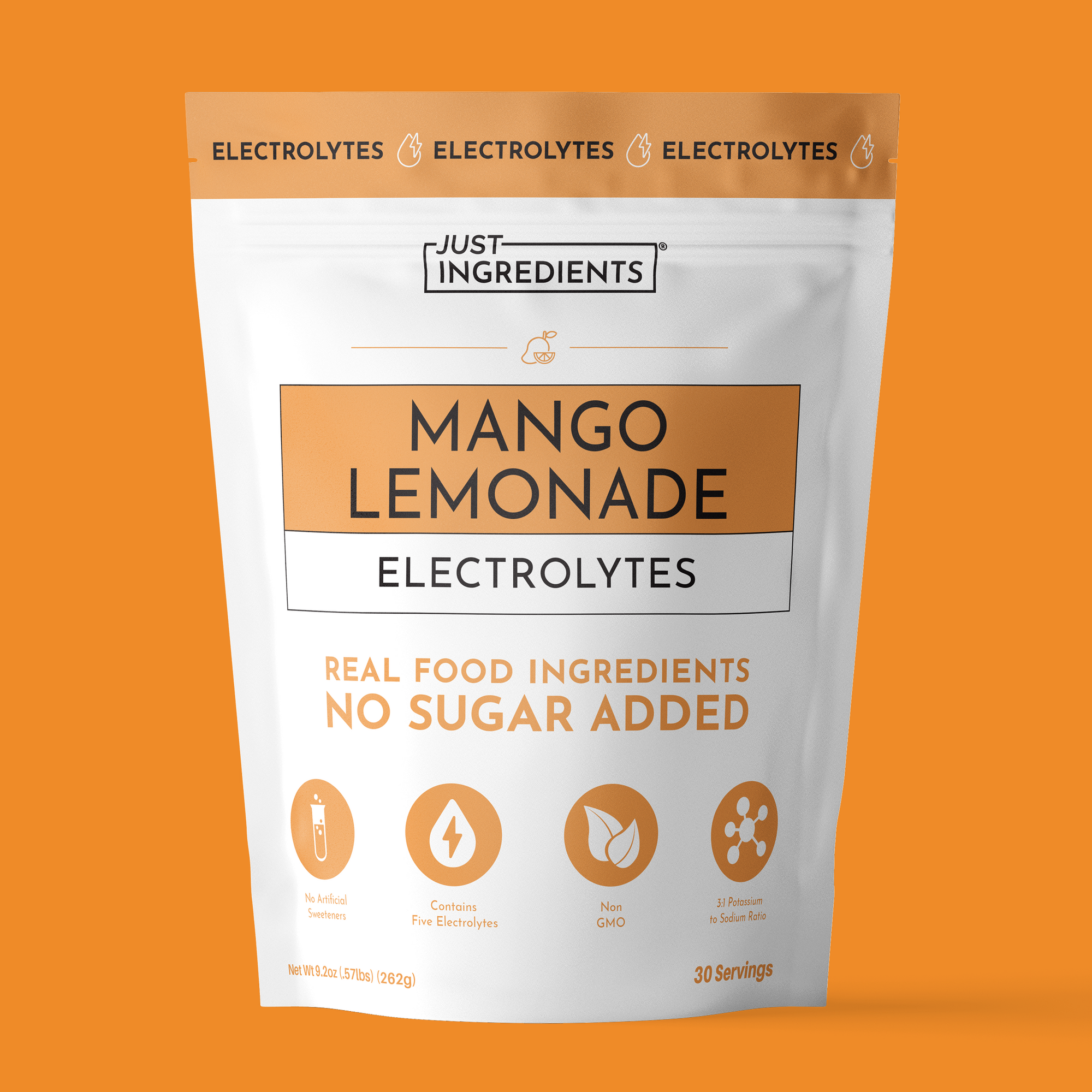 Pouch of Mango Lemonade Electrolytes showing 30 servings and no sugar added